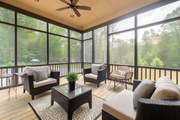 New modern screened porch with patio furniture, summertime woods
