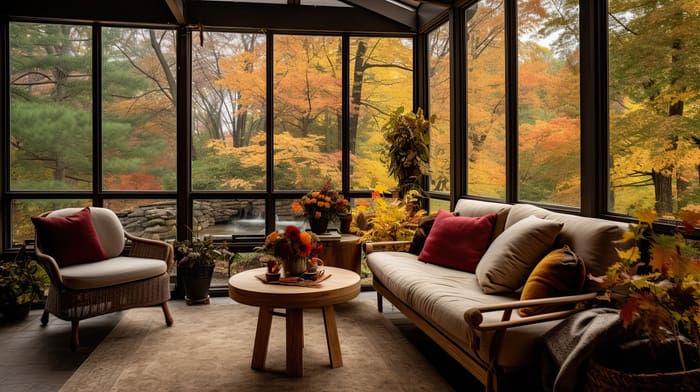 Screened porch with modern furniture, vase of flowers, autumn leaves and woods