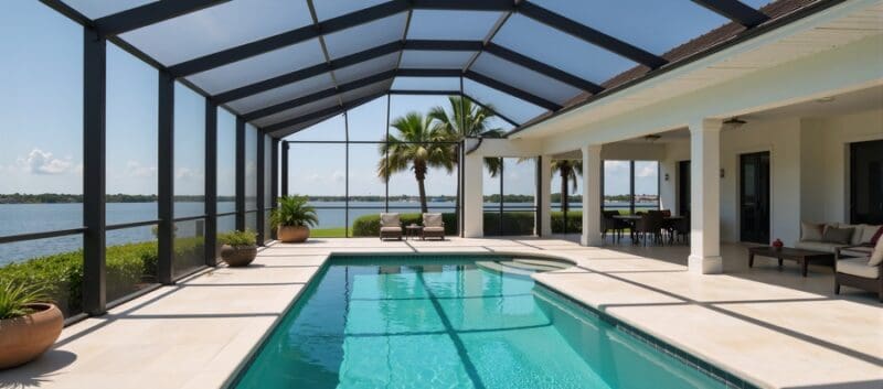 Pool screen enclosure in a modern home