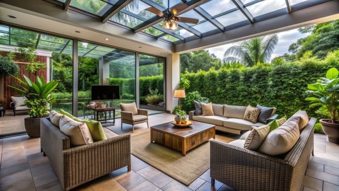 Serene outdoor living space with a large screen enclosure surrounding a comfortable patio