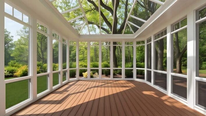 Modern screened porch enclosure with plastic windows and composite floor