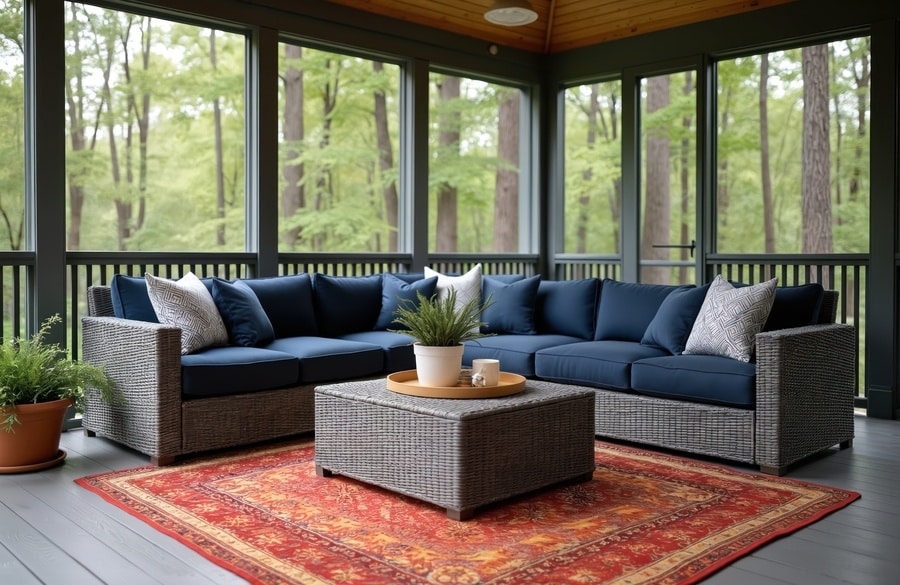 Screened porch with modern furniture overlooking summery woods. Blue sofa, wicker table, red carpet, plants inside renovated screened patio